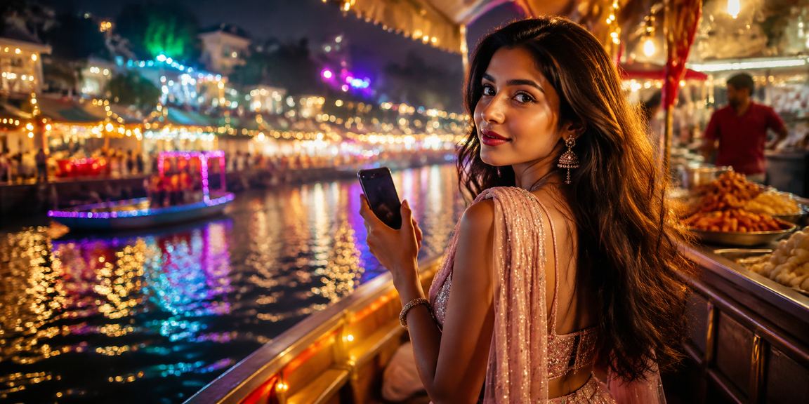 Player enjoying mobile slot games in Delhi night market